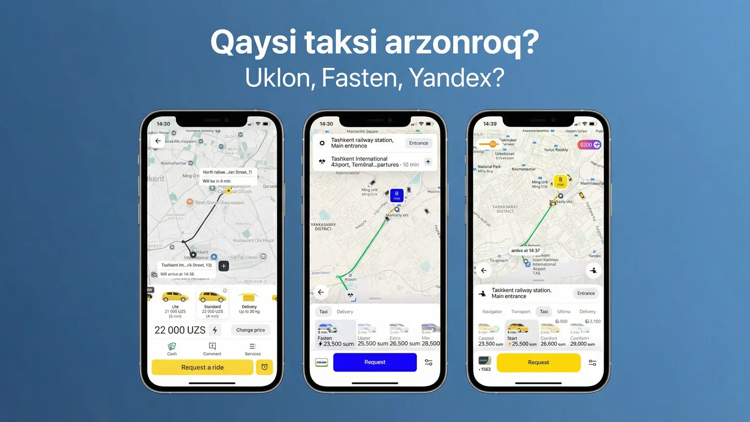 Uklon, Yandex va Fastendan taksi chaqirdik – qaysi biri arzonroq bo’ldi?